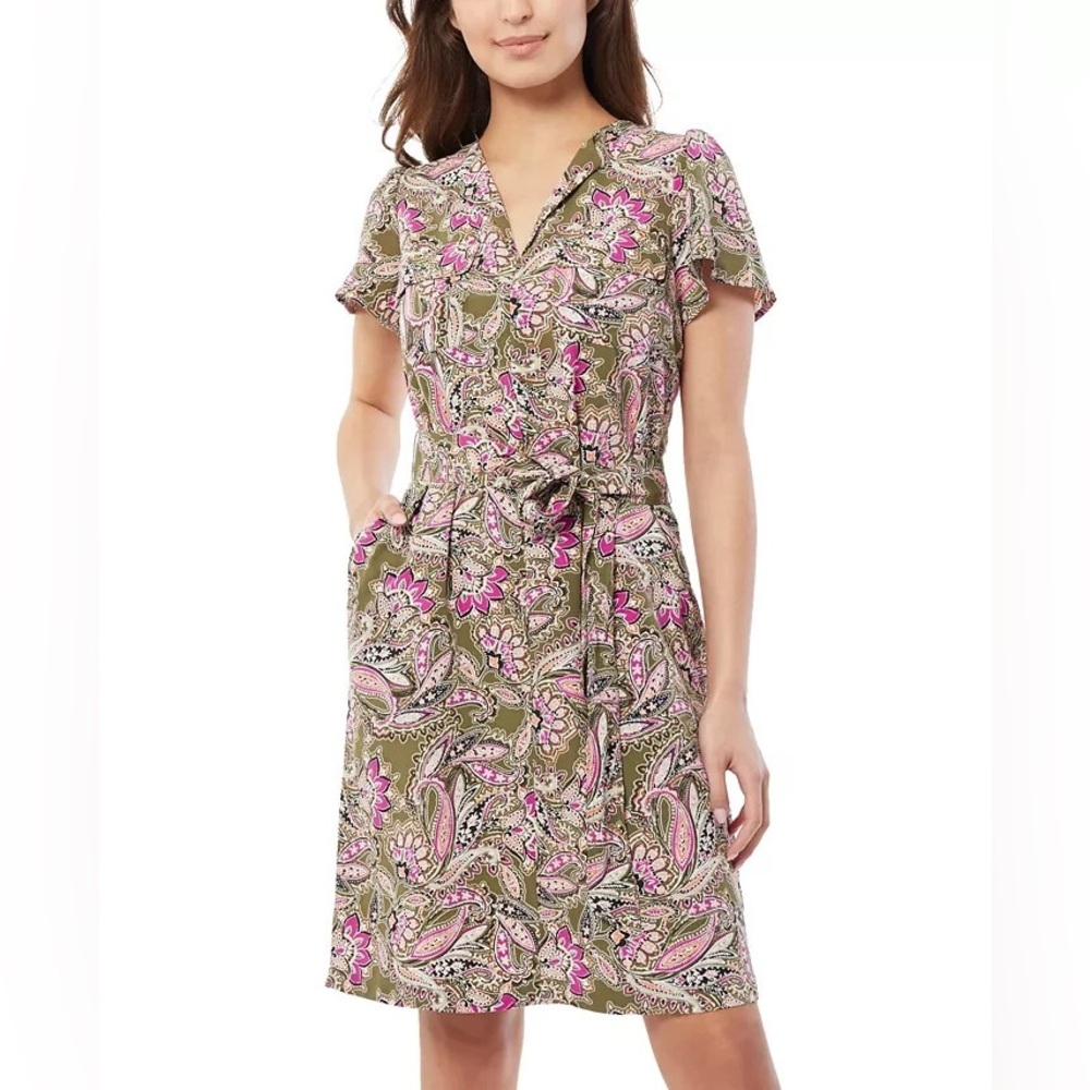 Jones New York Women's Flutter-Sleeve Utility Dress Jasper Green Multi Size S